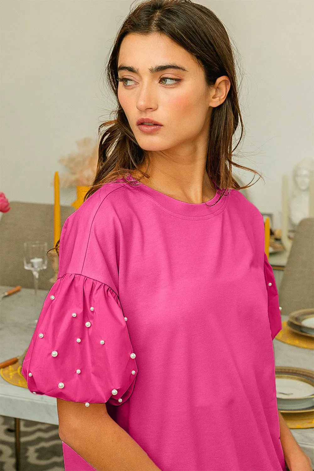 BiBi Puff Sleeve Pearl Decor Top