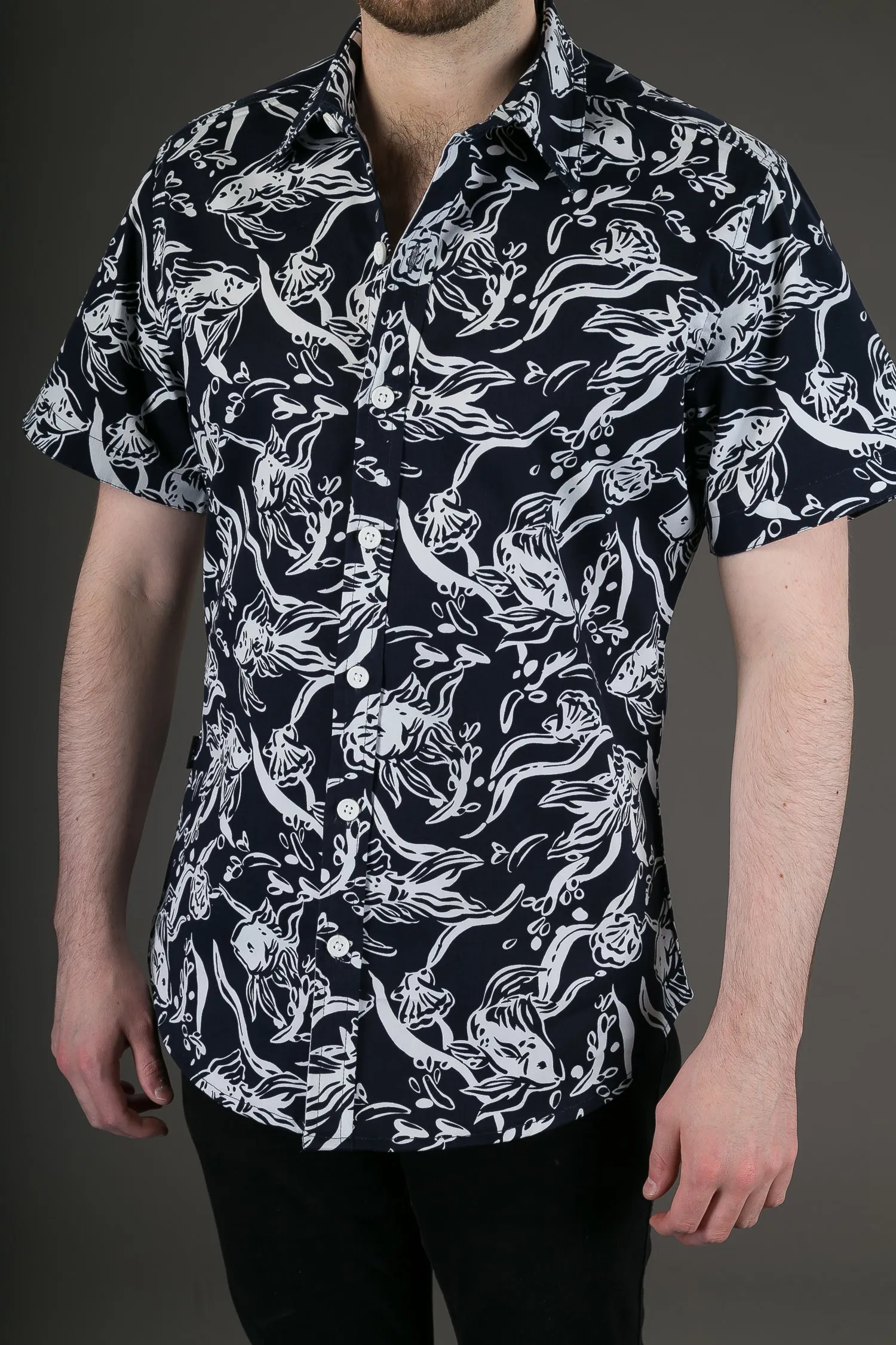 Black White Fish Print Cotton Slim Fit Mens Shirt Short Sleeve