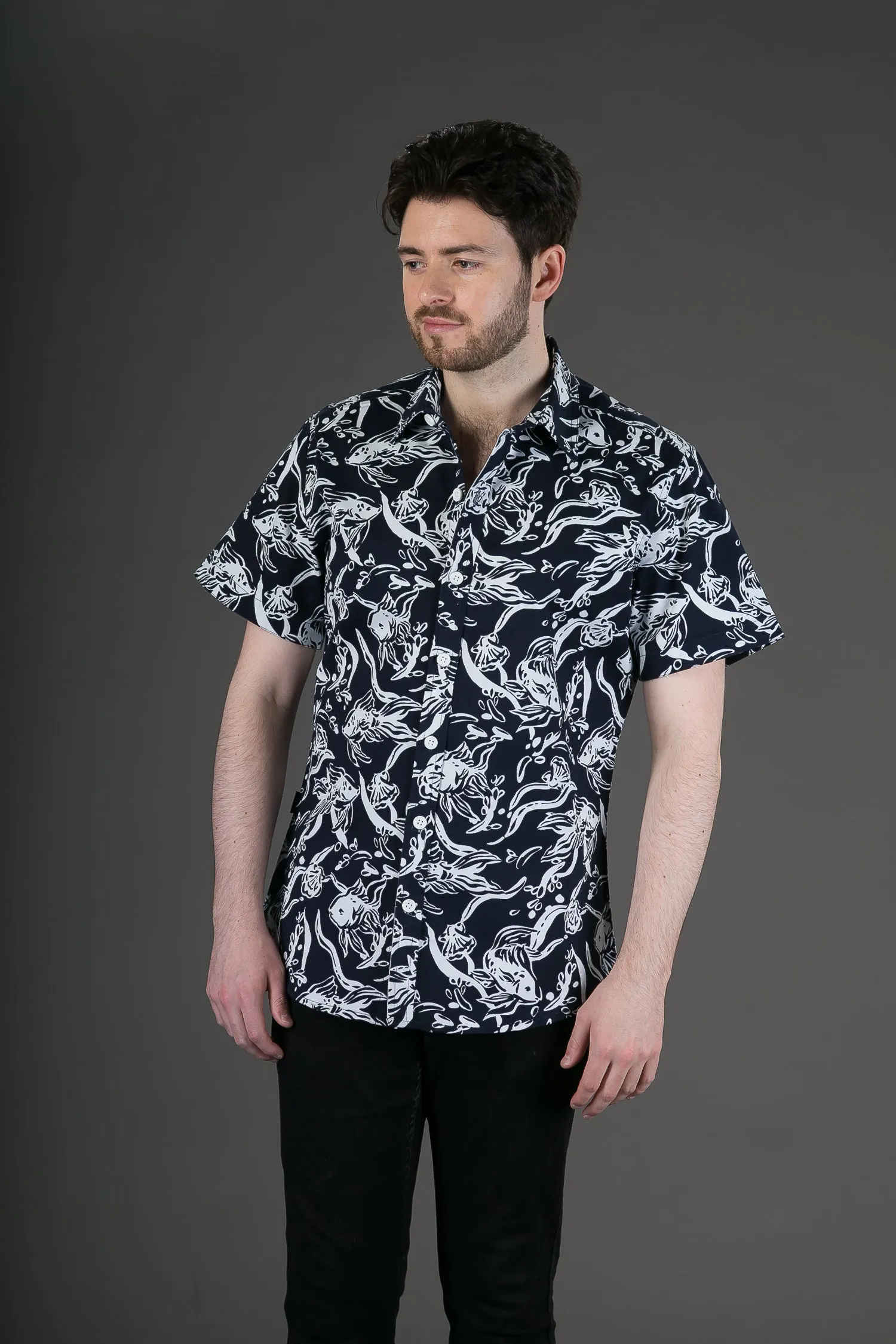 Black White Fish Print Cotton Slim Fit Mens Shirt Short Sleeve