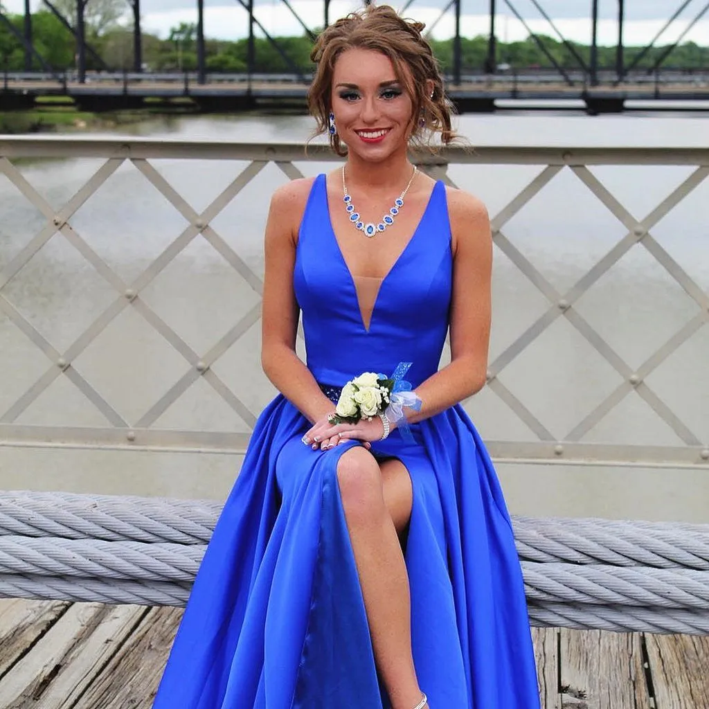 Blue A Line V Neck High Split Satin Long Prom, Blue Formal, Evening