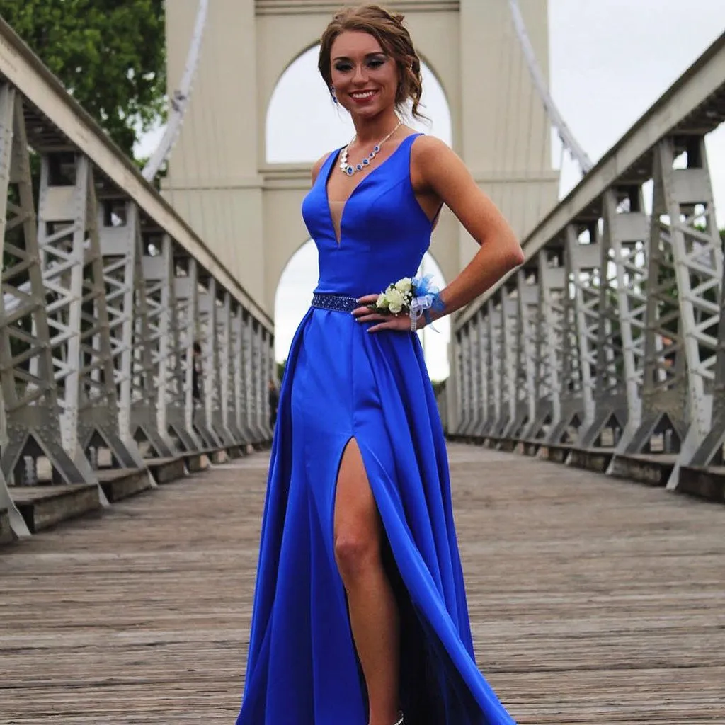 Blue A Line V Neck High Split Satin Long Prom, Blue Formal, Evening