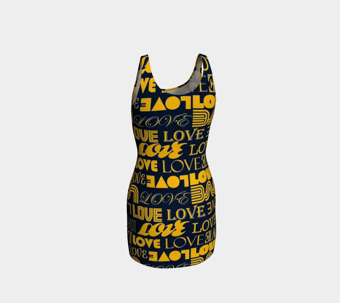 Blue & Gold Love Print Bodycon Dress