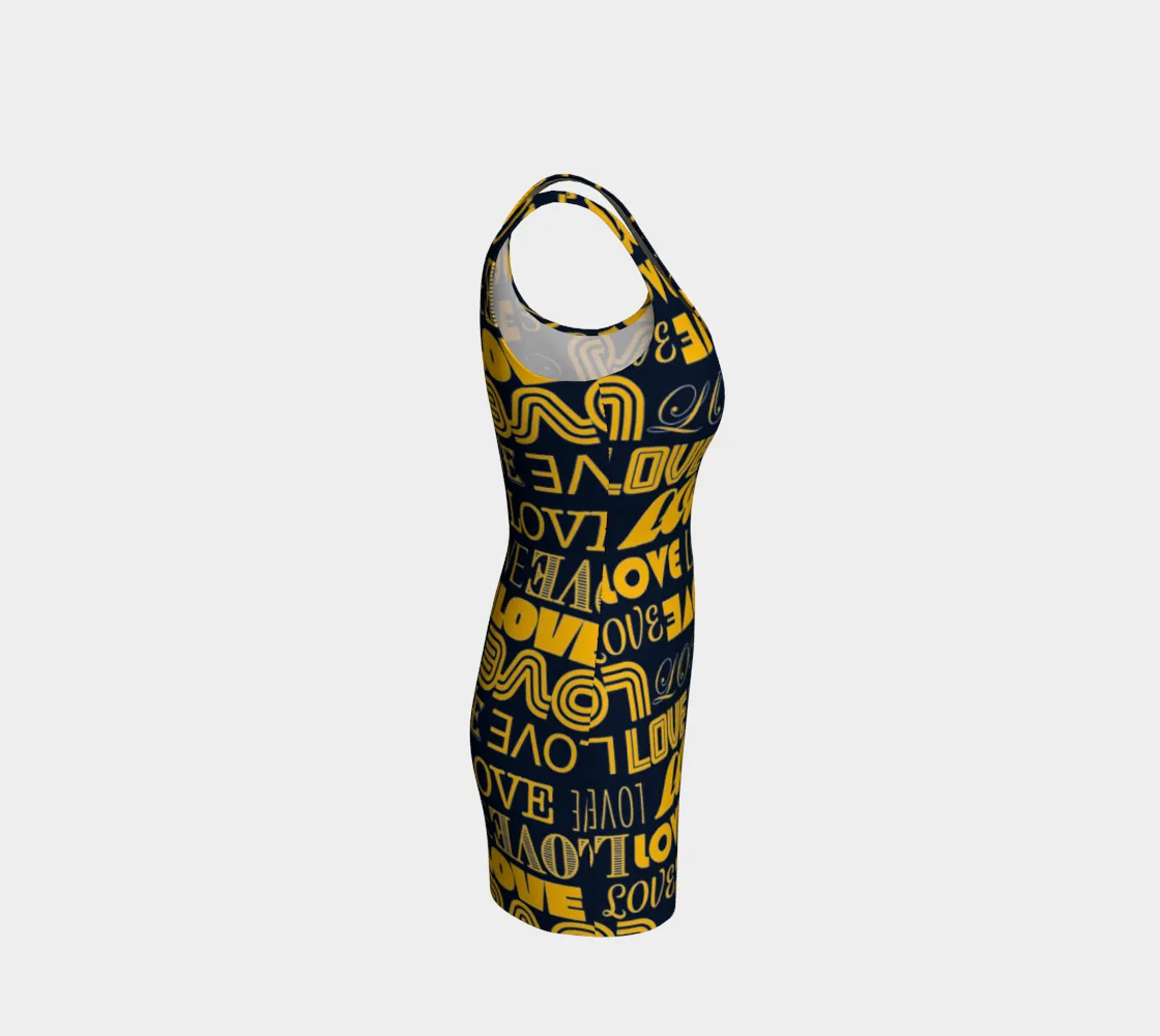 Blue & Gold Love Print Bodycon Dress