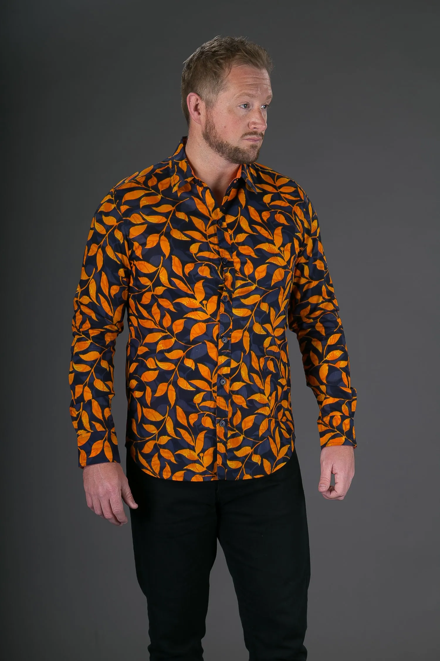 Blue Orange Floral Print Cotton Slim and Regular Fit Mens Shirt Long Sleeve