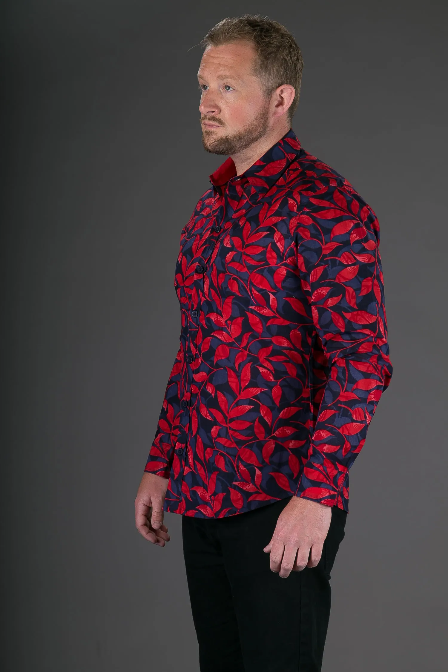 Blue Red Floral Print Cotton Slim and Regular Fit Mens Shirt Long Sleeve