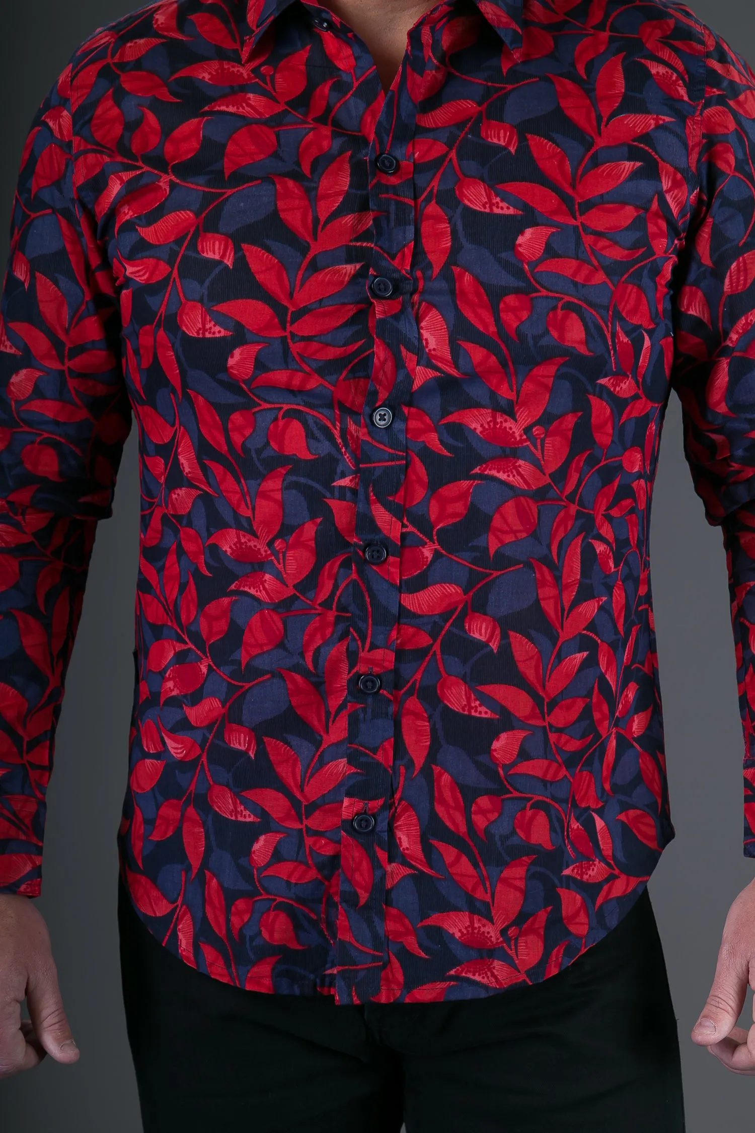 Blue Red Floral Print Cotton Slim and Regular Fit Mens Shirt Long Sleeve