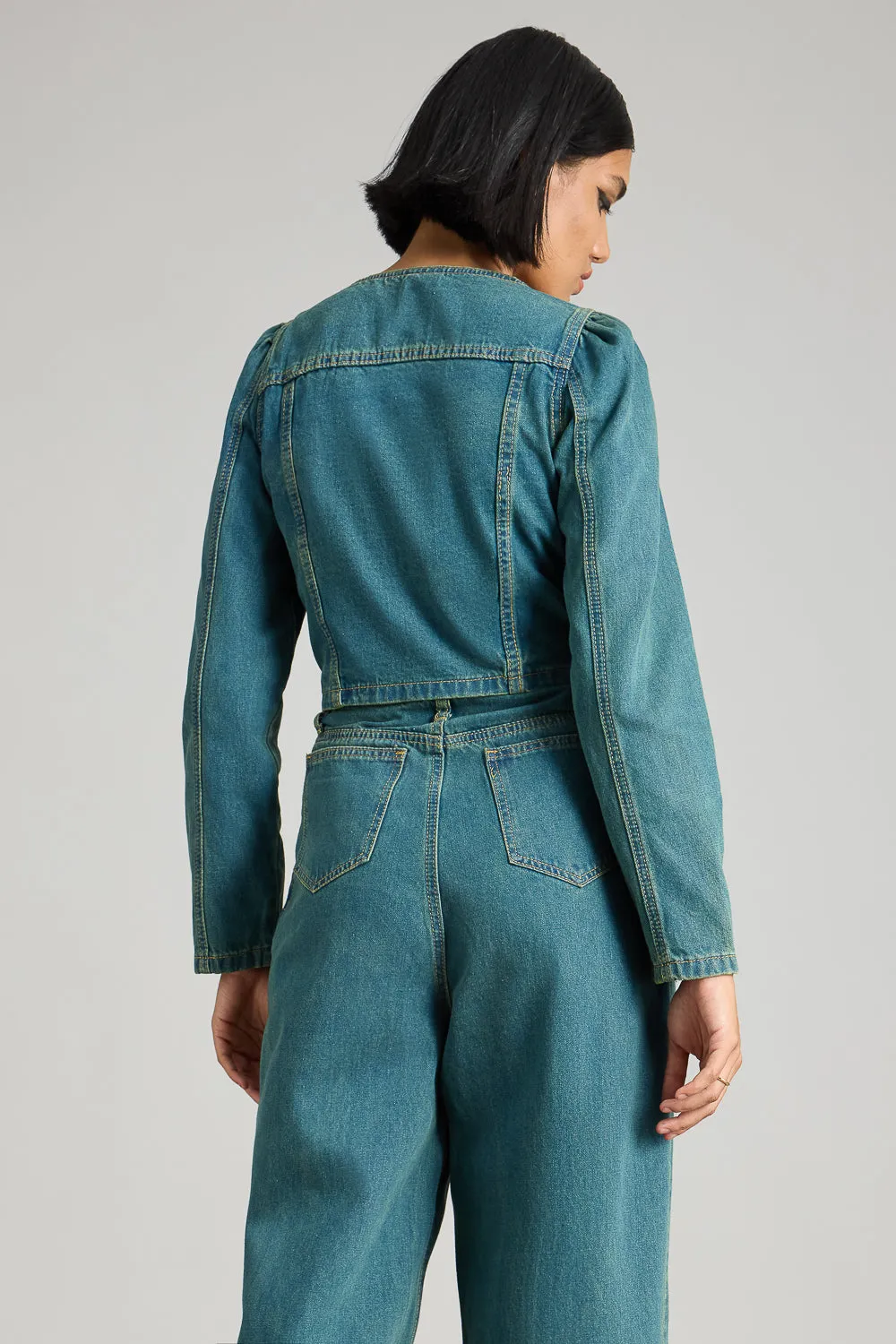 Blue Square Neck Denim Jacket