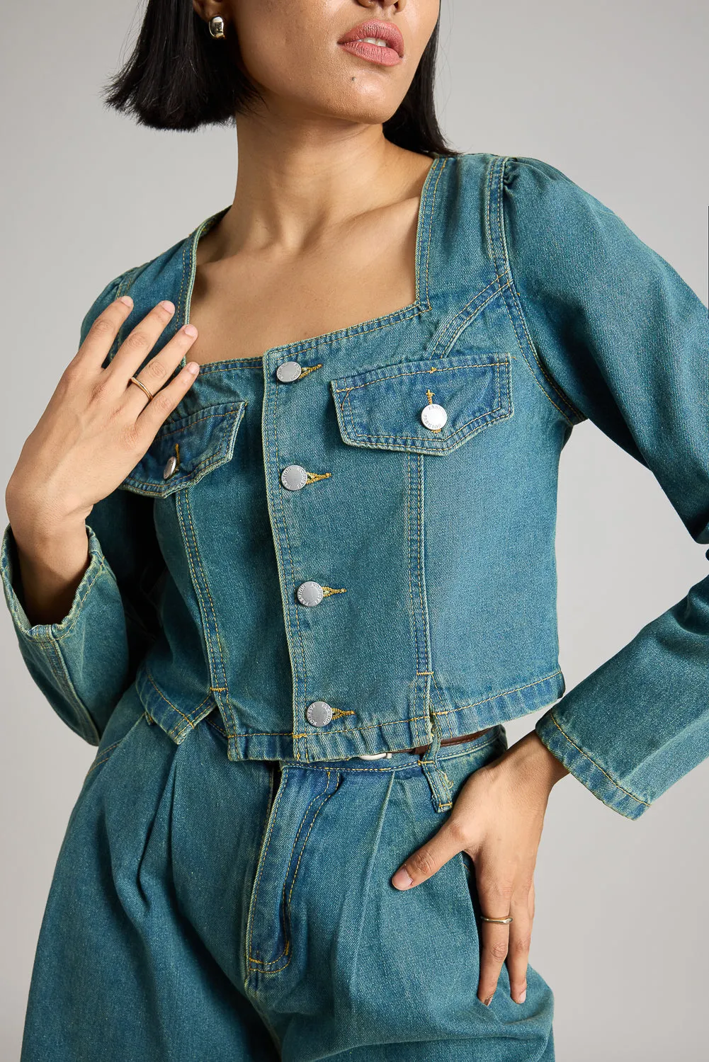 Blue Square Neck Denim Jacket