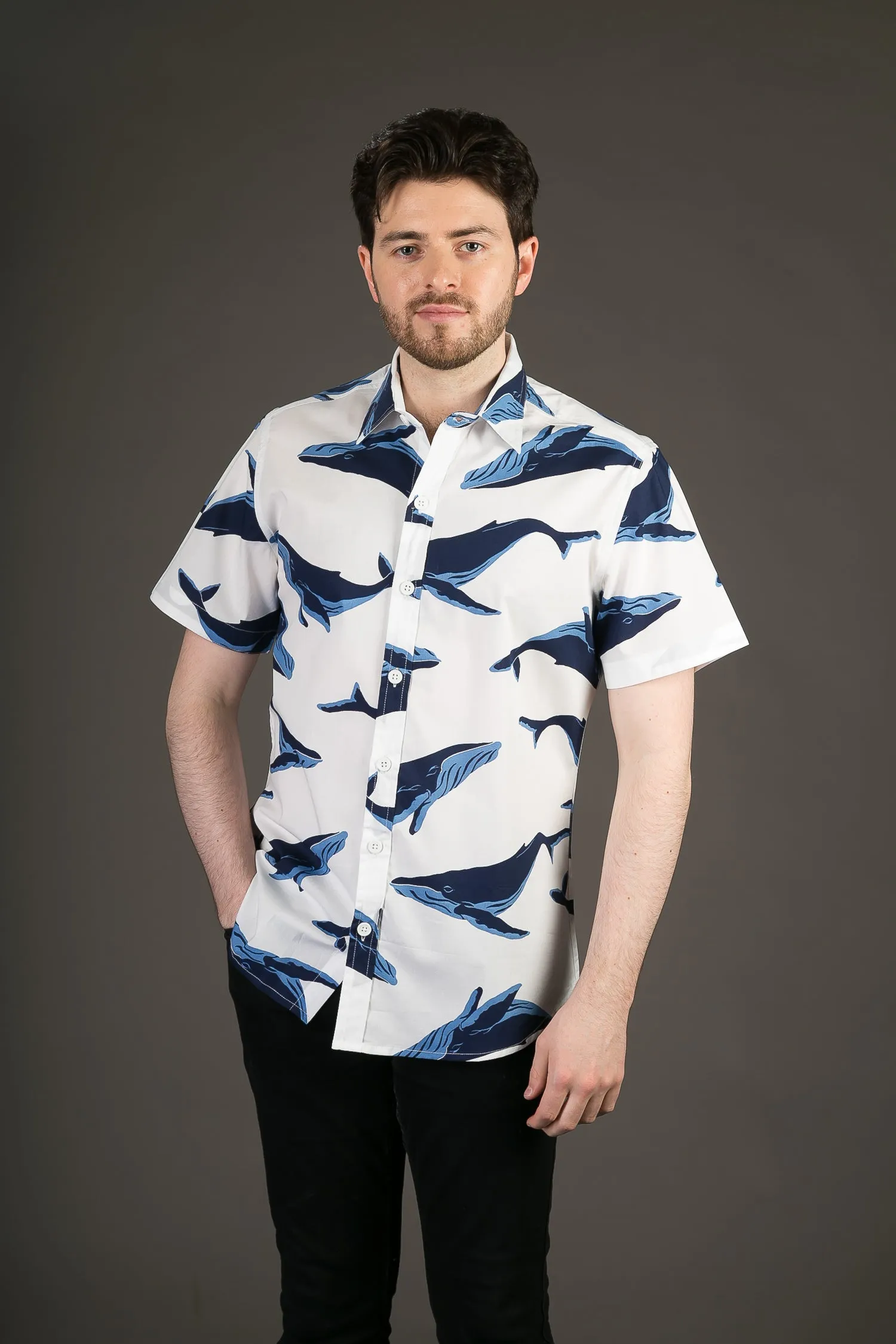 Blue Whale White Print Cotton Slim Fit Mens Shirt Short Sleeve