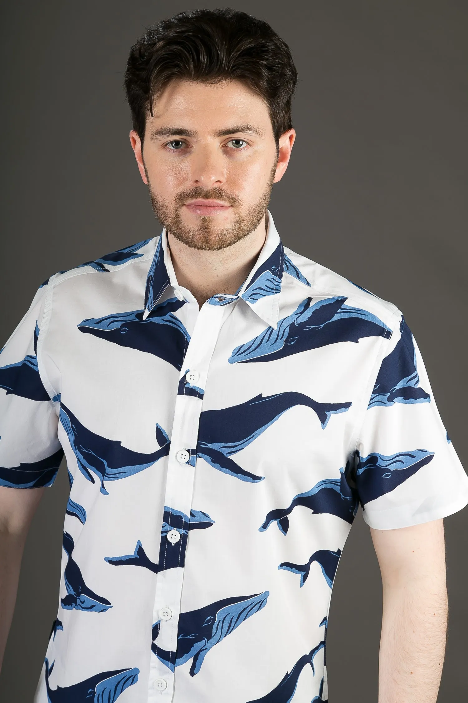 Blue Whale White Print Cotton Slim Fit Mens Shirt Short Sleeve