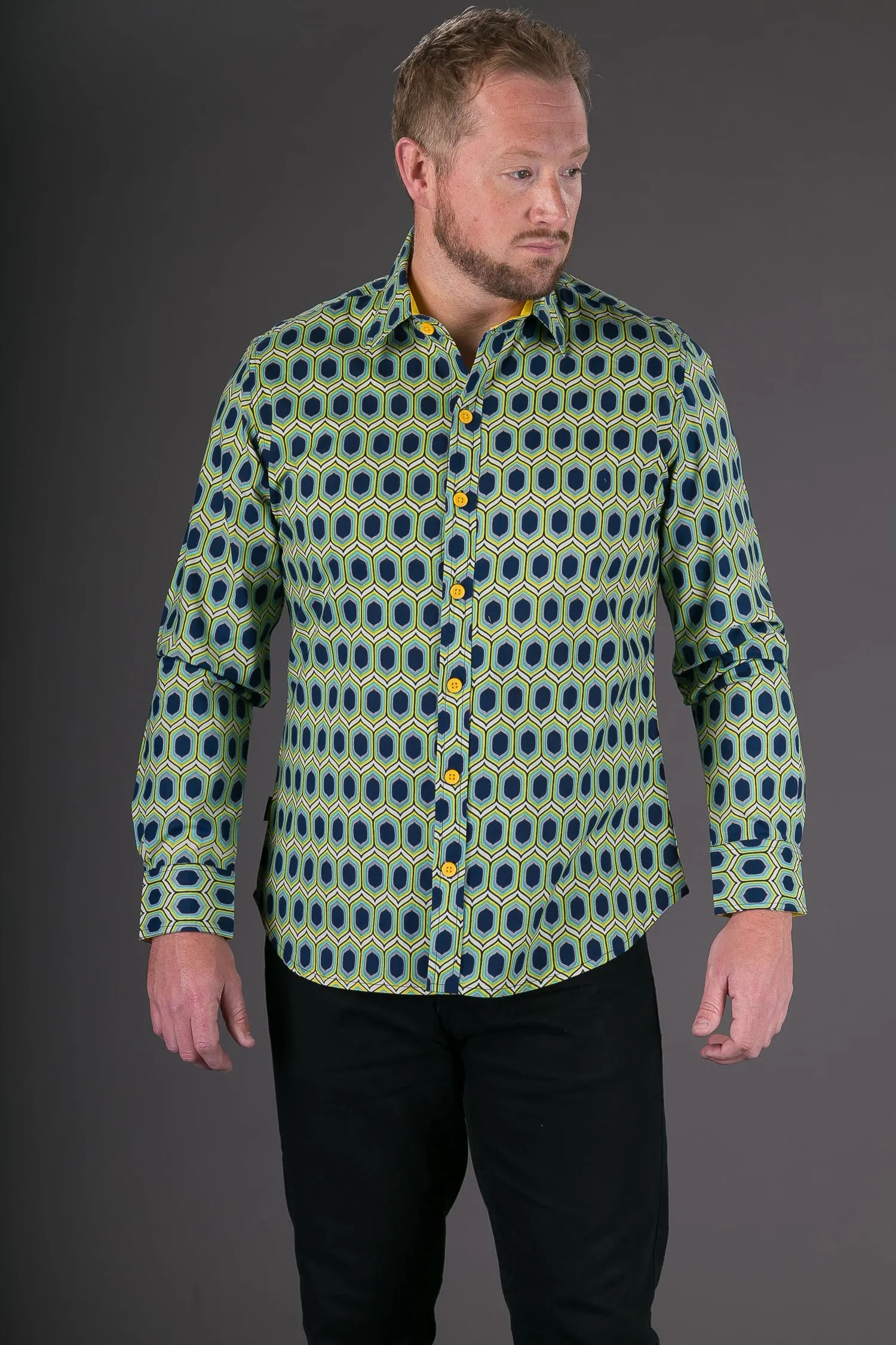 Blue Yellow Green Geometric Print Cotton Slim and Regular Fit Mens Shirt Long Sleeve