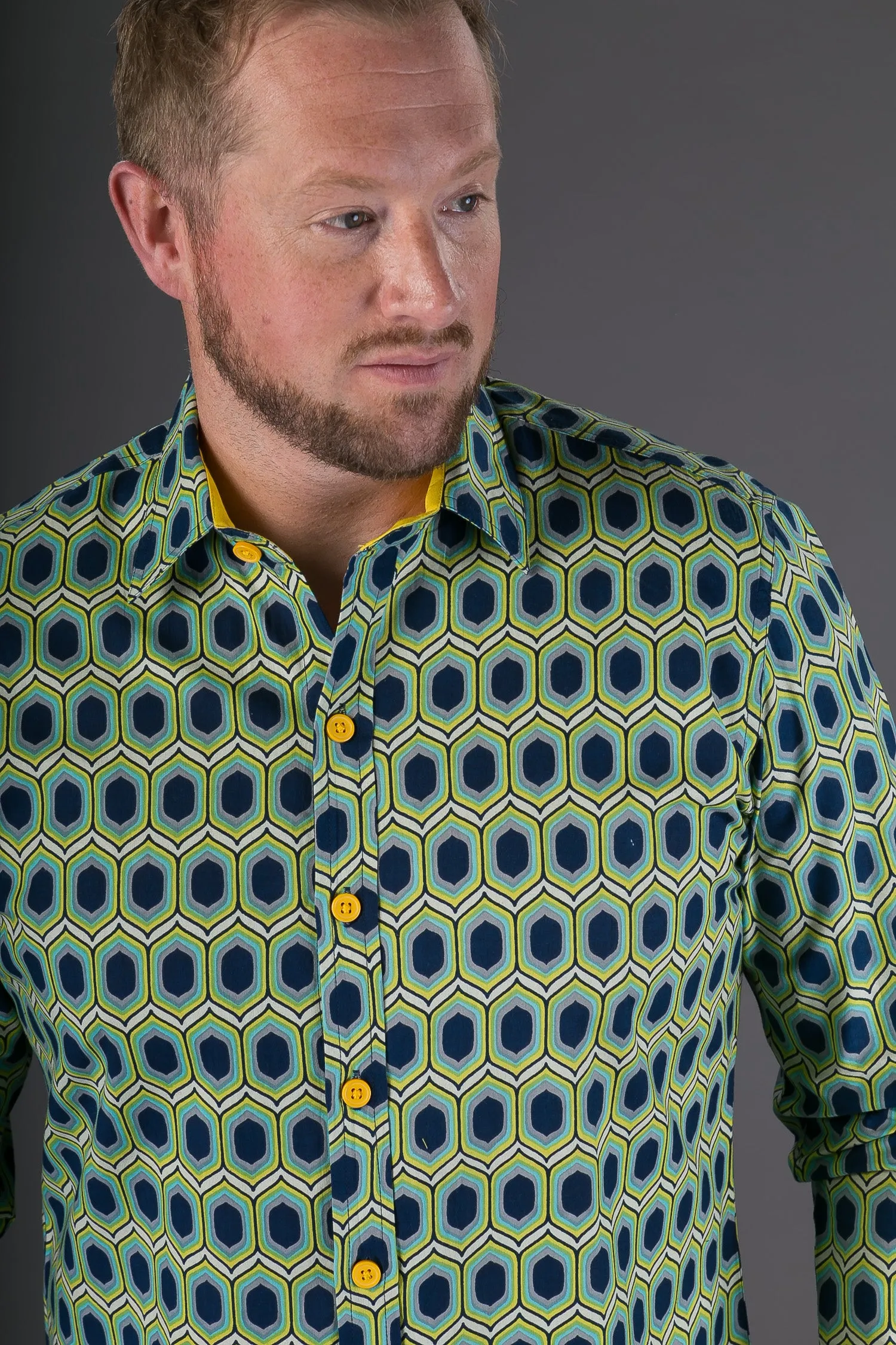 Blue Yellow Green Geometric Print Cotton Slim and Regular Fit Mens Shirt Long Sleeve