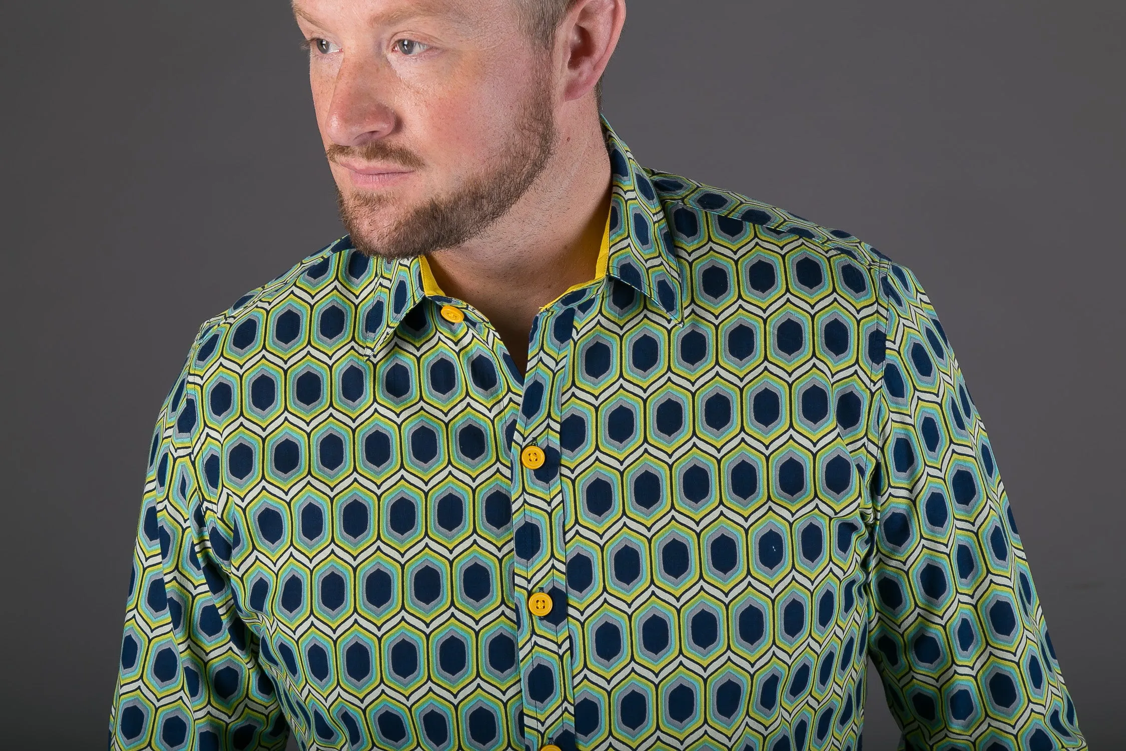 Blue Yellow Green Geometric Print Cotton Slim and Regular Fit Mens Shirt Long Sleeve