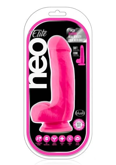 Blush Neo Neon Pink Elite 7 Inch Silicone Dual Density Cock with Balls