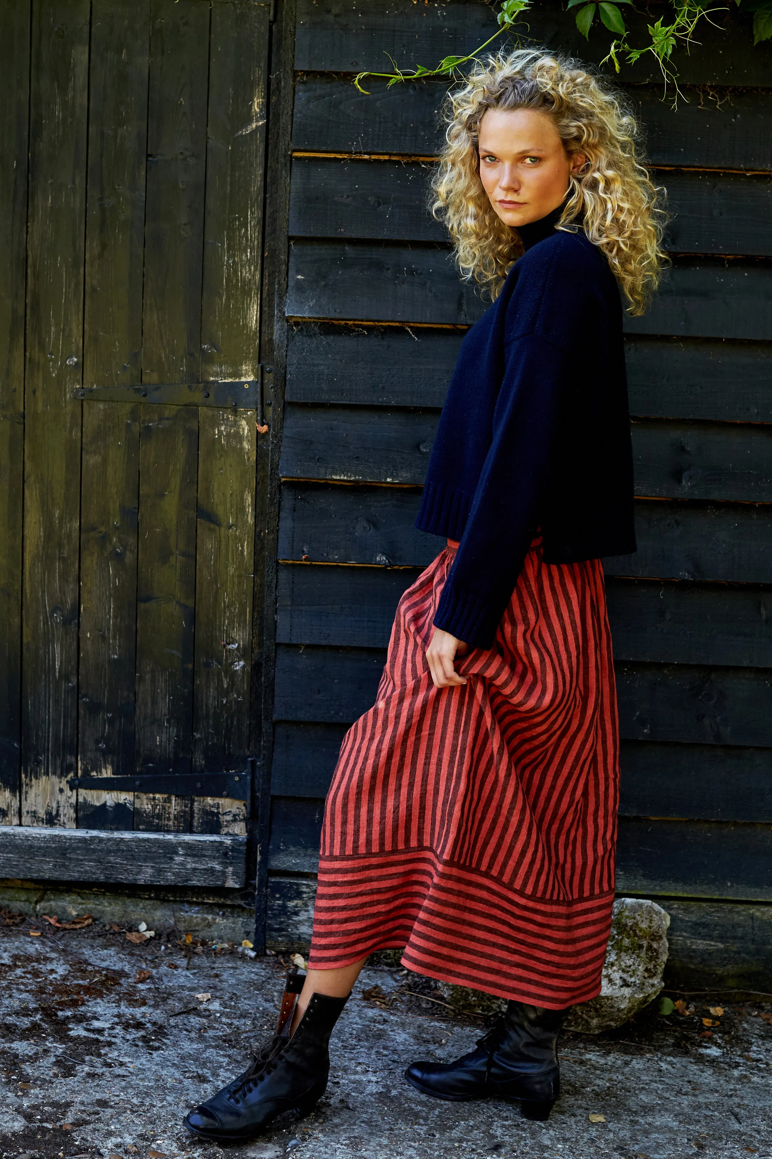 Bobbie Skirt in Cinnamon Striped Irish Linen