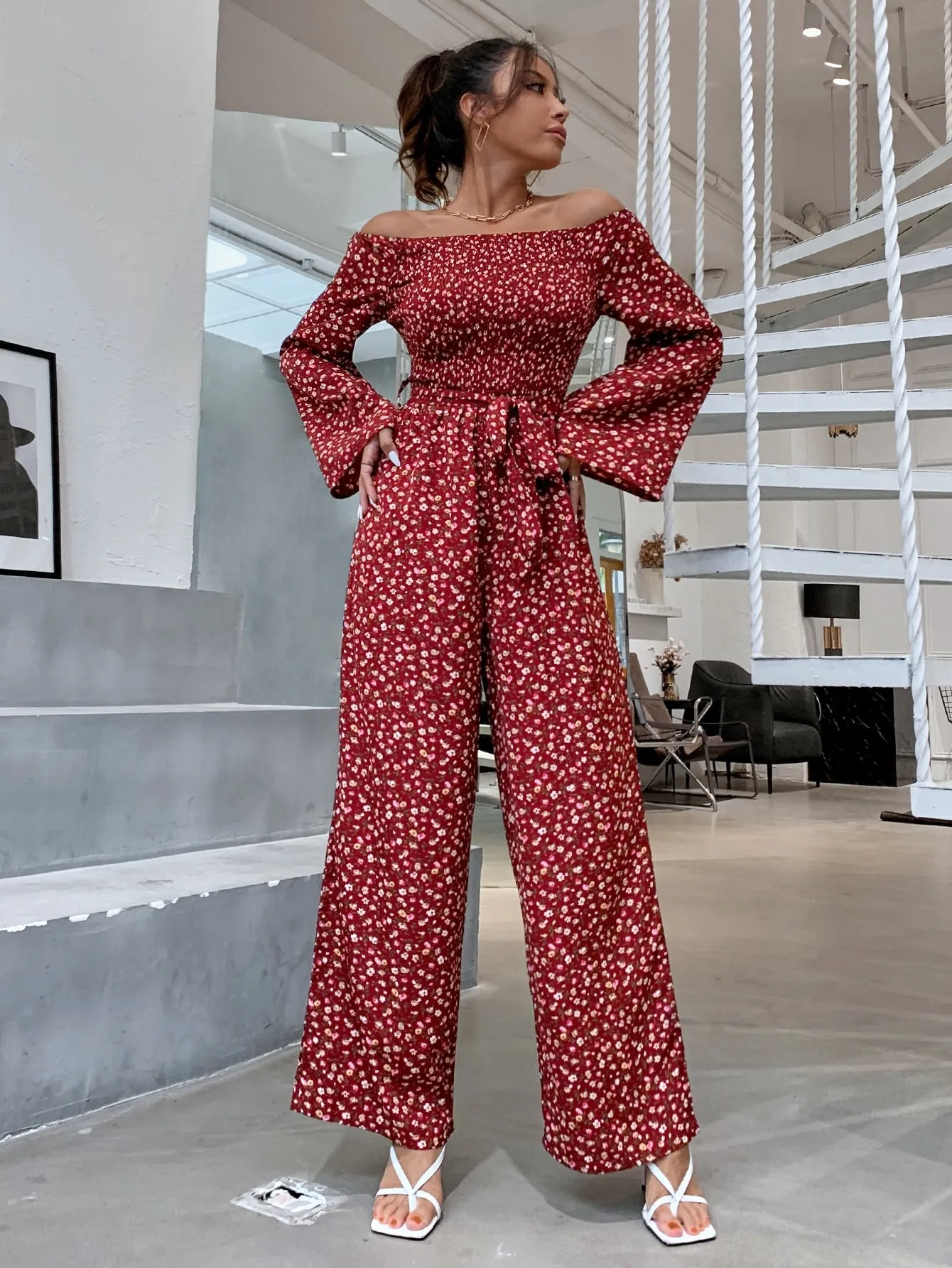 Boho Ditsy Floral Shirred Long Sleeve Off The Shoulder High Waist Long Women Jumpsuit