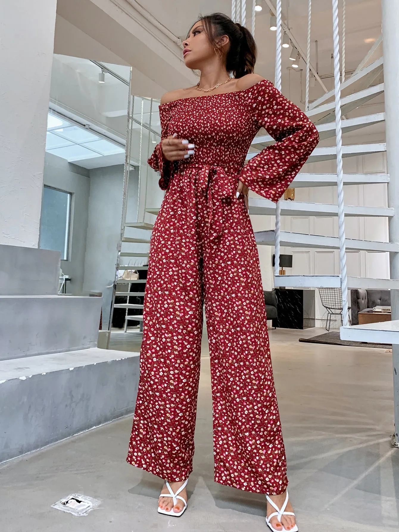 Boho Ditsy Floral Shirred Long Sleeve Off The Shoulder High Waist Long Women Jumpsuit