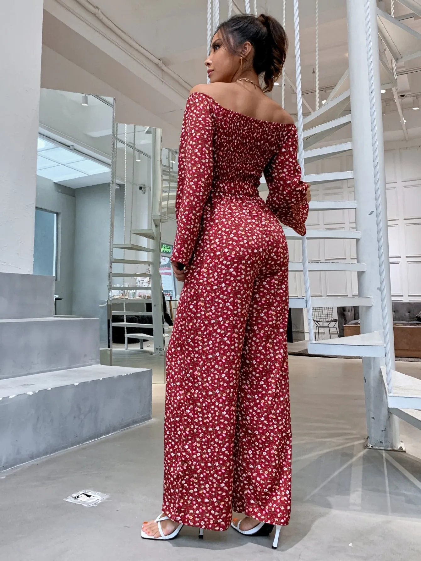 Boho Ditsy Floral Shirred Long Sleeve Off The Shoulder High Waist Long Women Jumpsuit