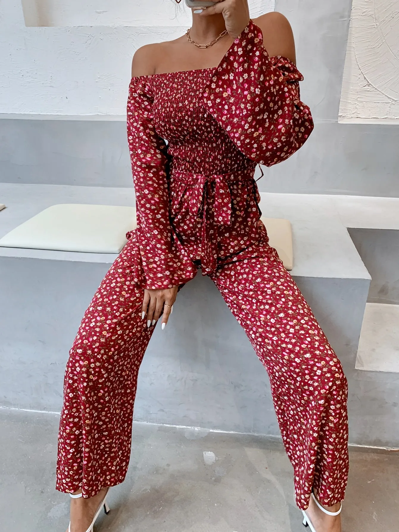 Boho Ditsy Floral Shirred Long Sleeve Off The Shoulder High Waist Long Women Jumpsuit