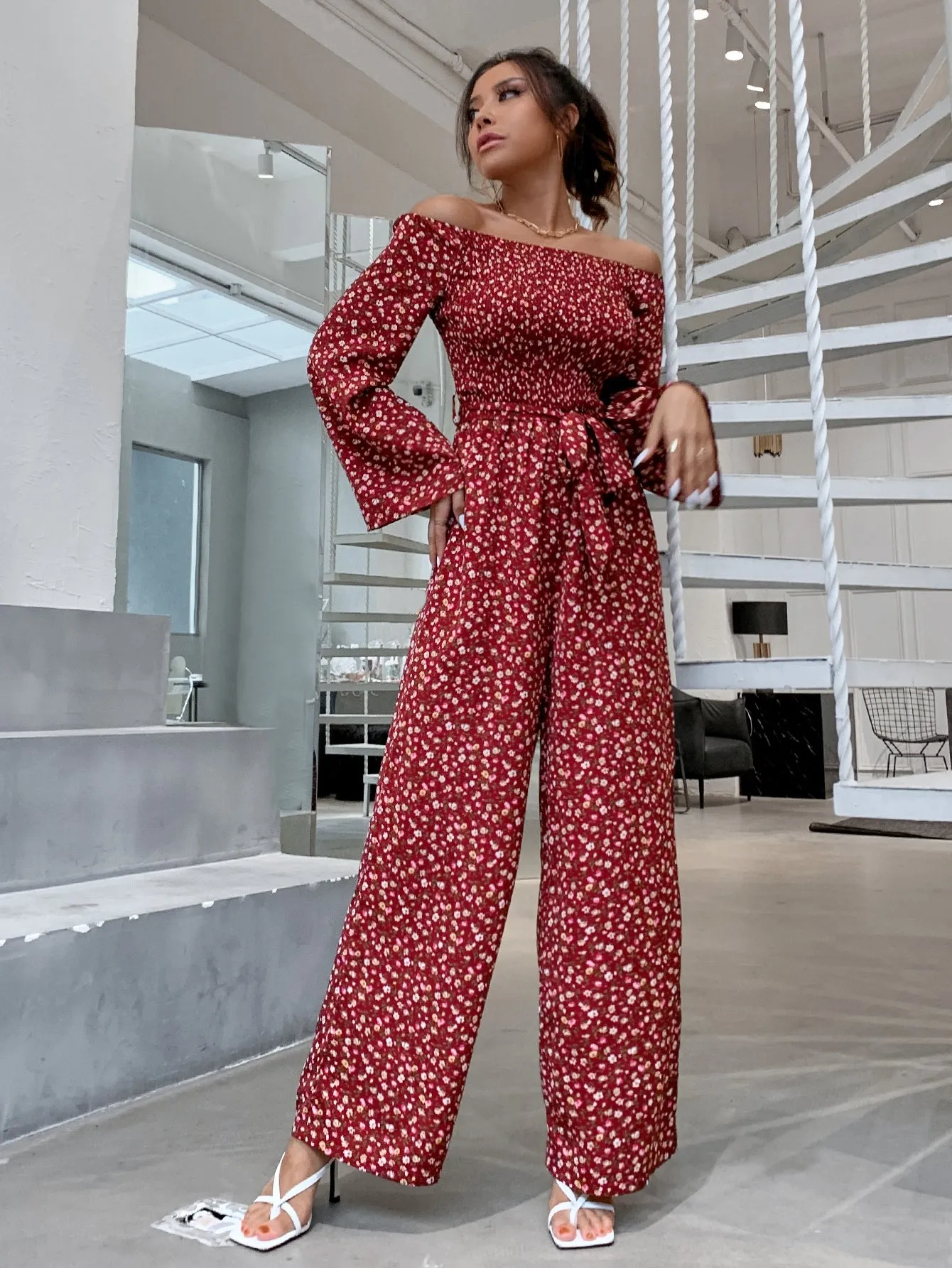 Boho Ditsy Floral Shirred Long Sleeve Off The Shoulder High Waist Long Women Jumpsuit