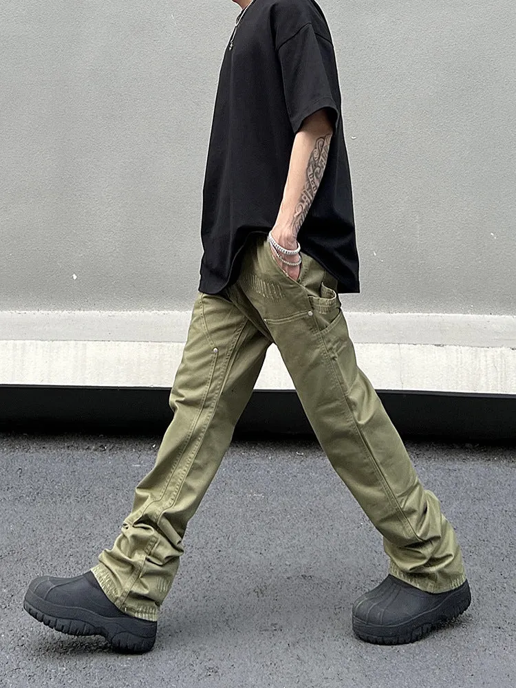 Bonsir 90s fashion men American Vibe Style Army Green Logging Overalls Ins Straight Micro Flared Trousers Cleanfit Pants