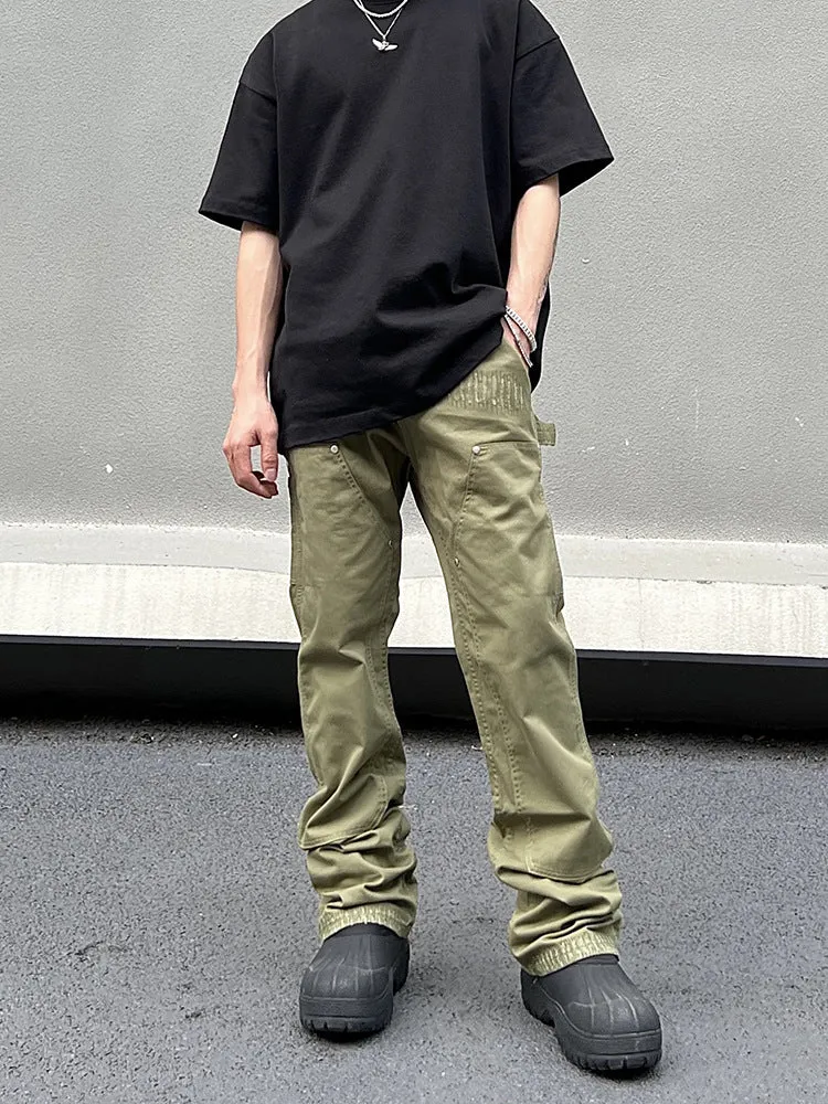 Bonsir 90s fashion men American Vibe Style Army Green Logging Overalls Ins Straight Micro Flared Trousers Cleanfit Pants