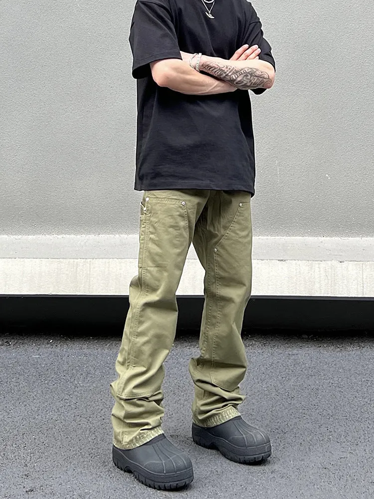 Bonsir 90s fashion men American Vibe Style Army Green Logging Overalls Ins Straight Micro Flared Trousers Cleanfit Pants