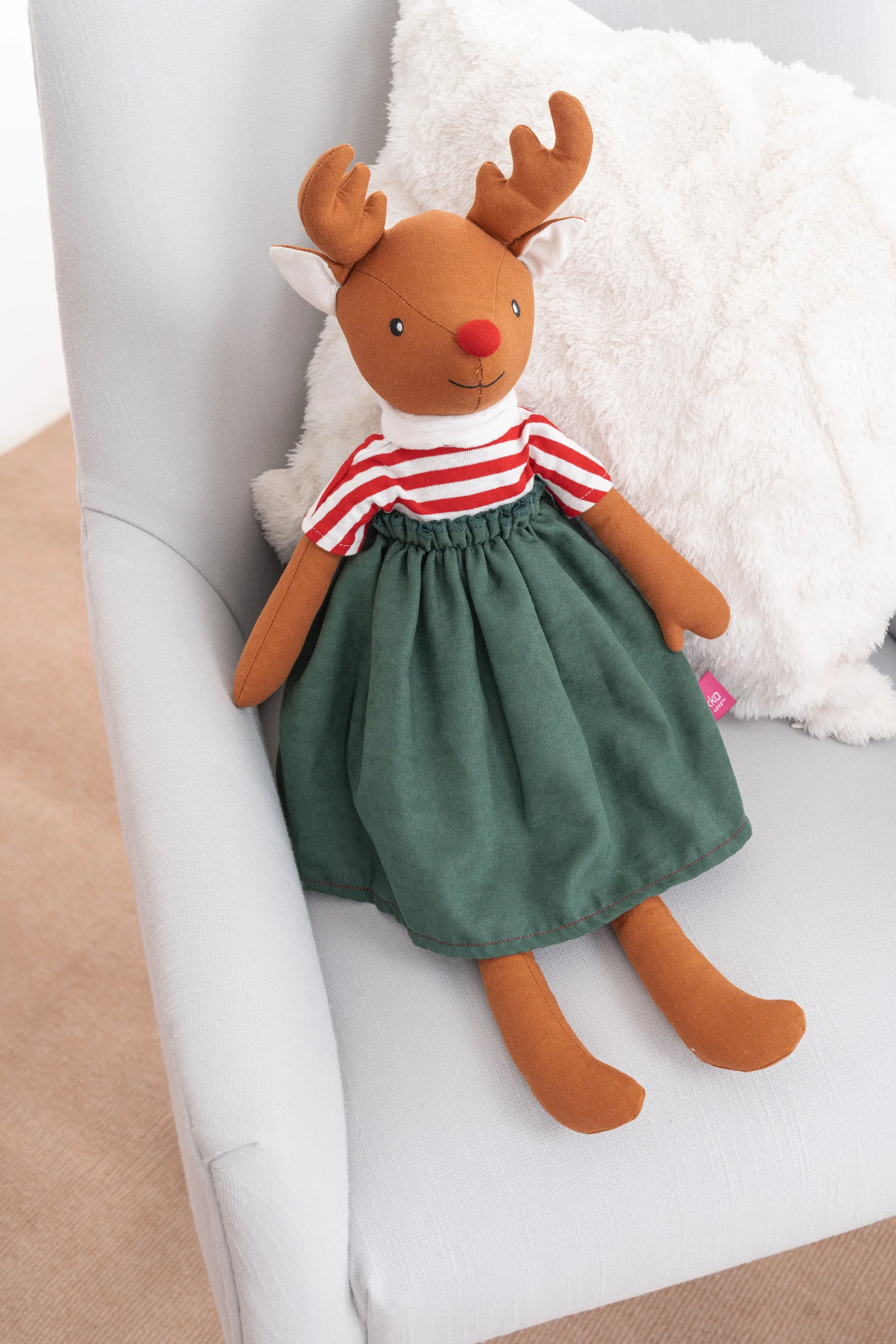 Brown Reindeer in Red Stripe & Green Outfit