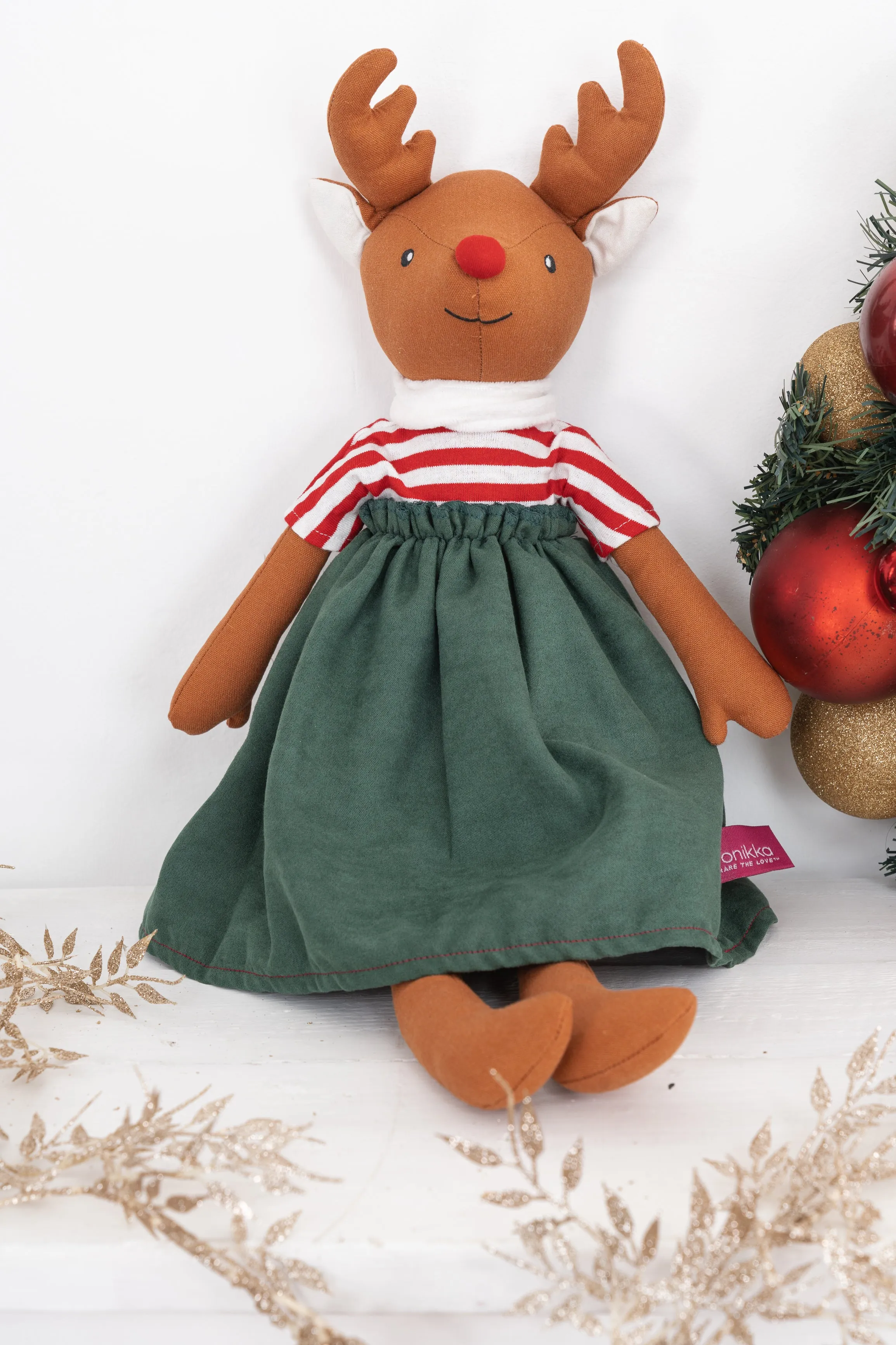 Brown Reindeer in Red Stripe & Green Outfit