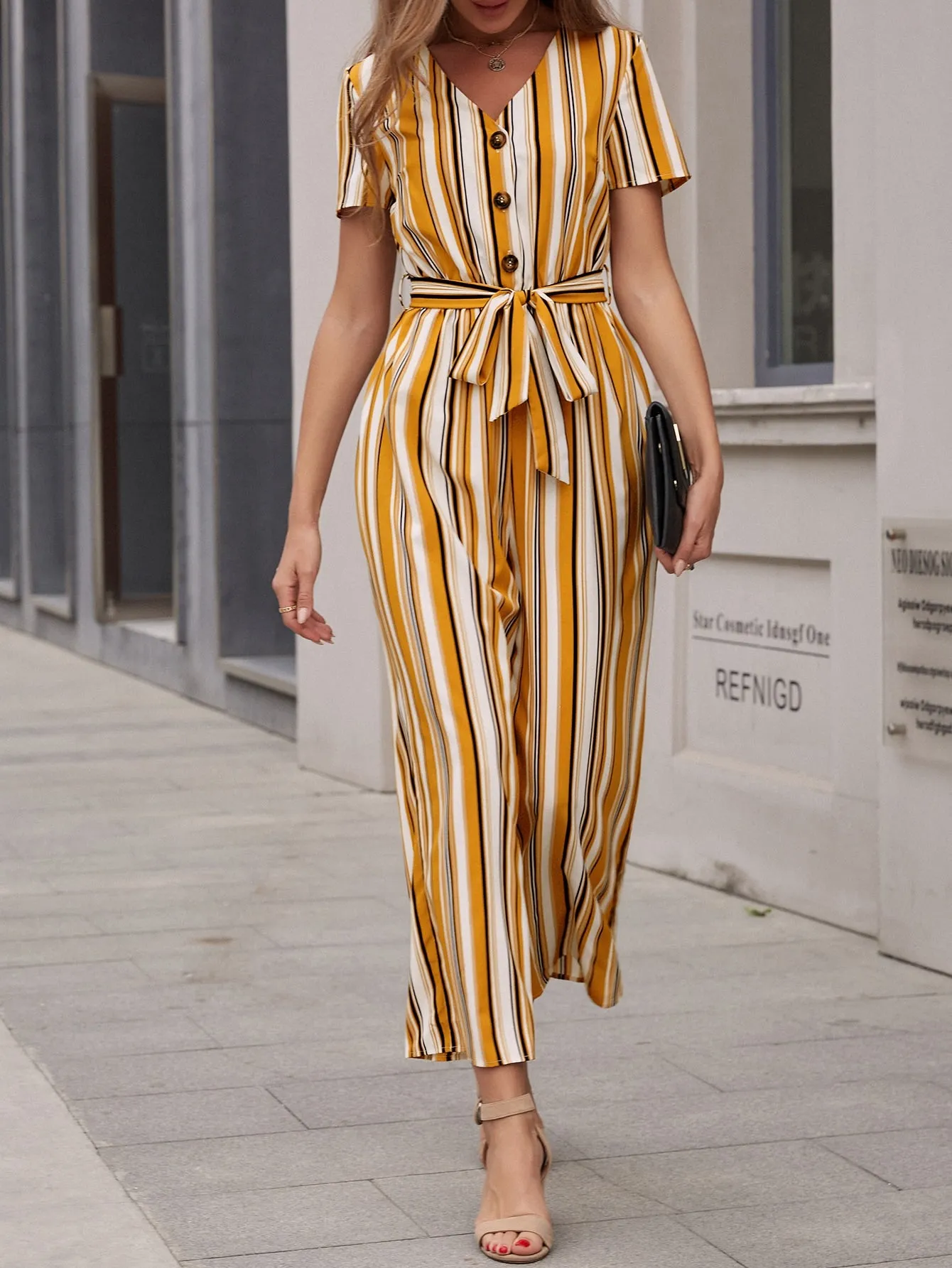 Casual Striped Button Front Short Sleeve V Neck High Waist Long Women Jumpsuit