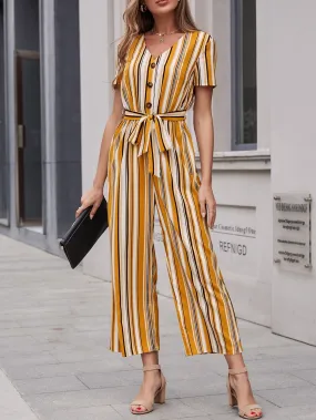 Casual Striped Button Front Short Sleeve V Neck High Waist Long Women Jumpsuit