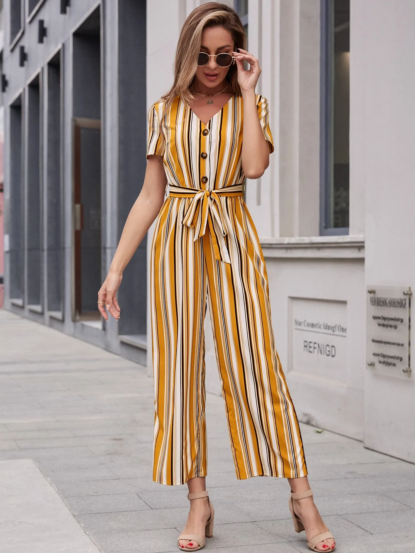 Casual Striped Button Front Short Sleeve V Neck High Waist Long Women Jumpsuit