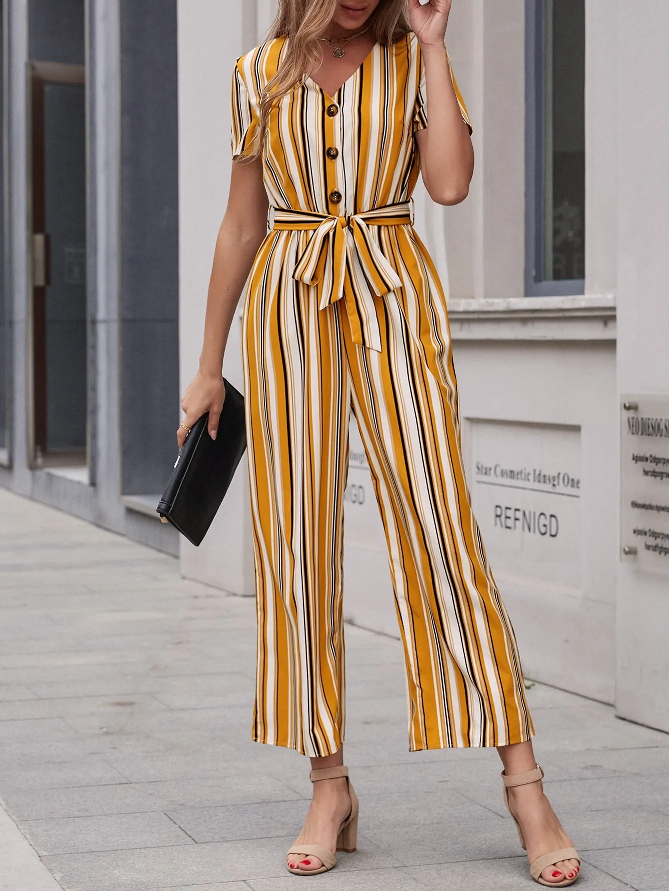 Casual Striped Button Front Short Sleeve V Neck High Waist Long Women Jumpsuit