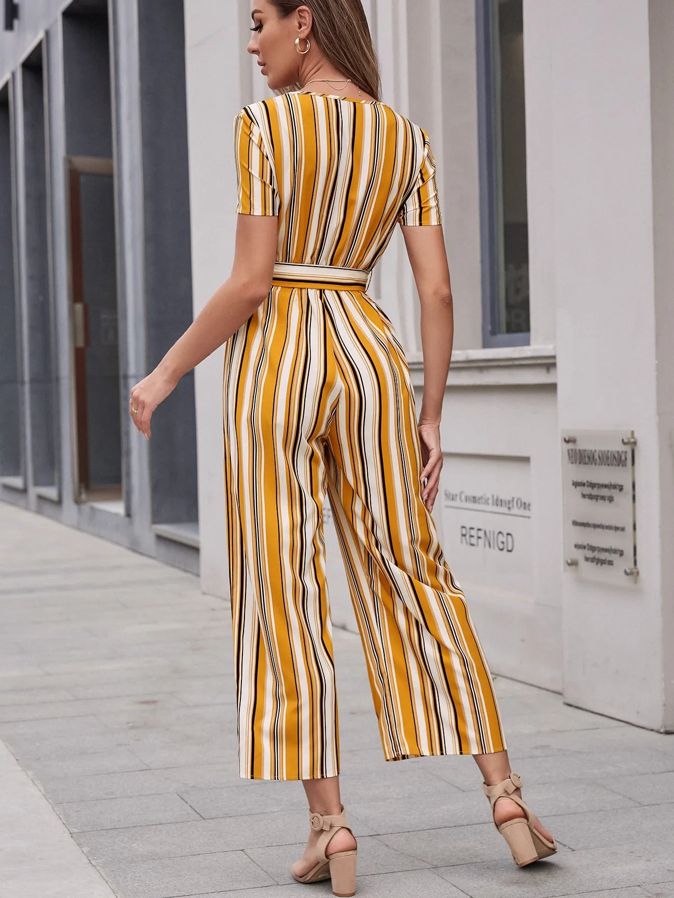 Casual Striped Button Front Short Sleeve V Neck High Waist Long Women Jumpsuit