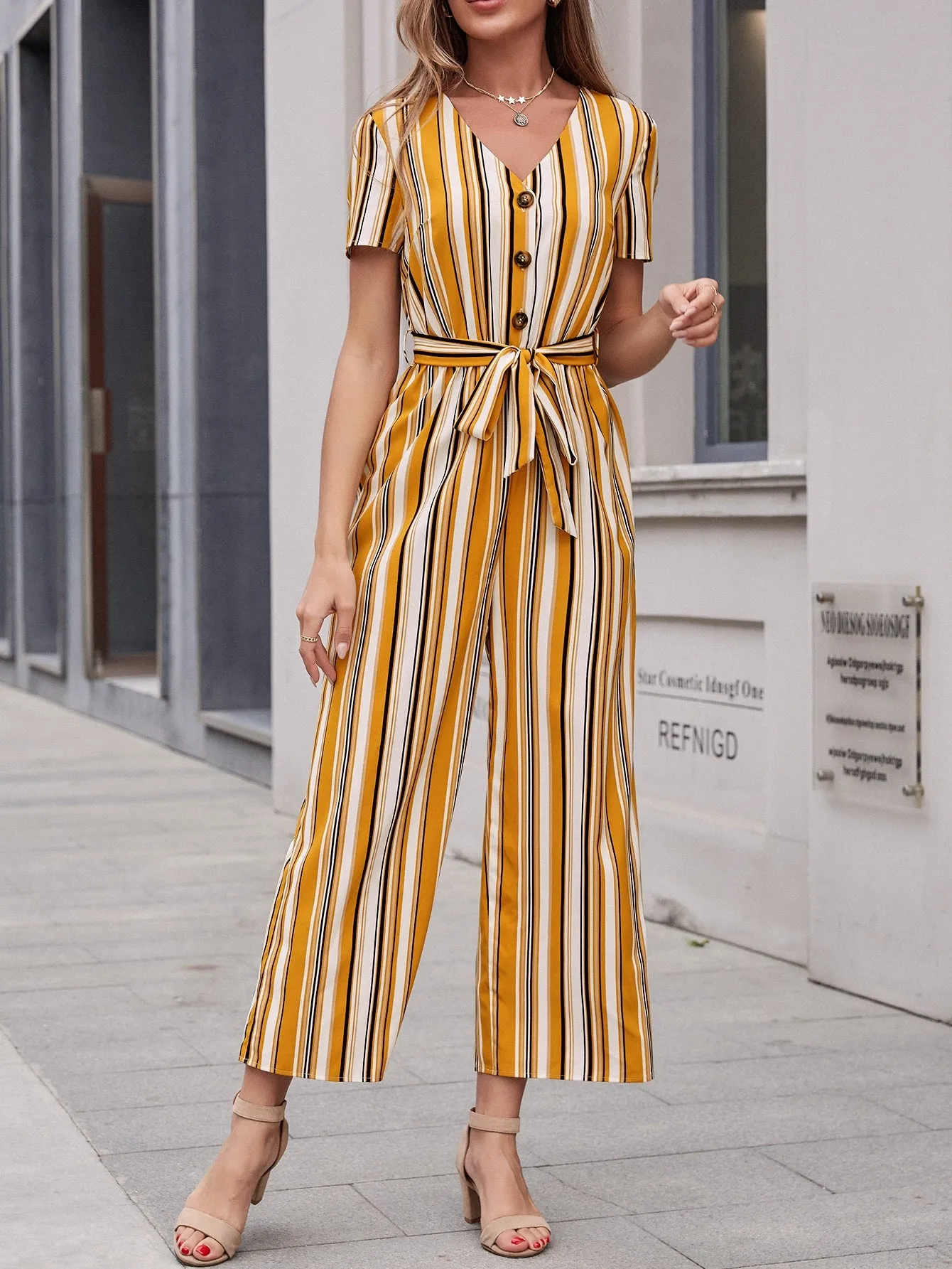 Casual Striped Button Front Short Sleeve V Neck High Waist Long Women Jumpsuit