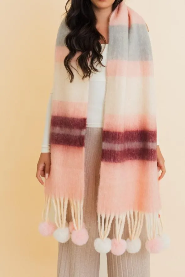 Chunky Pom Pom Striped Blanket Cozy Scarf - Pink