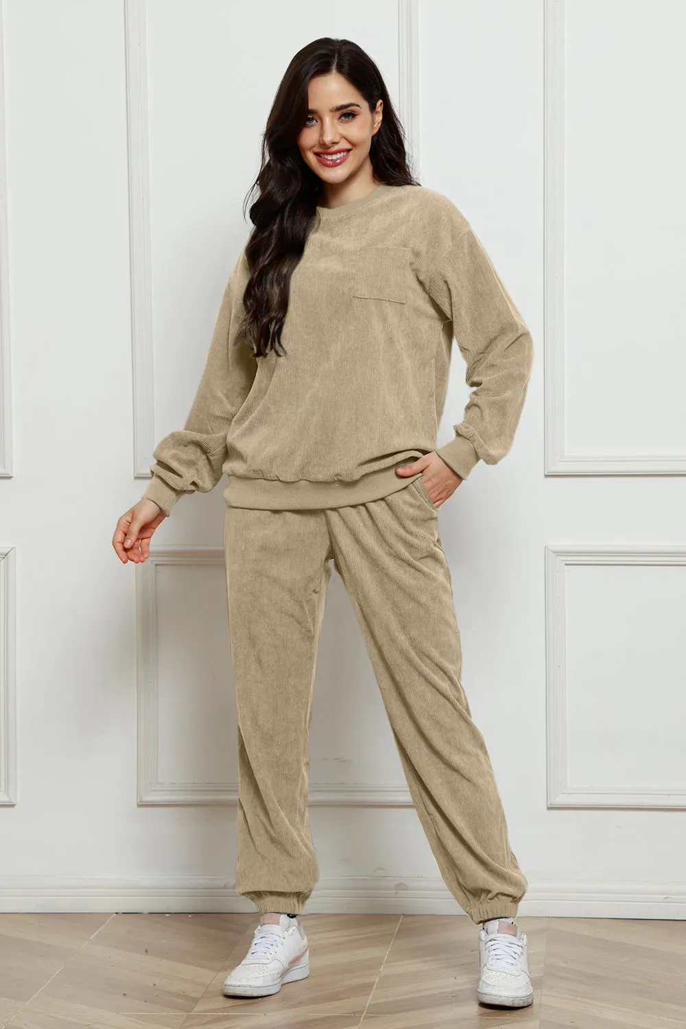 Corduroy Round Neck Sweatshirt and Sweatpants Set