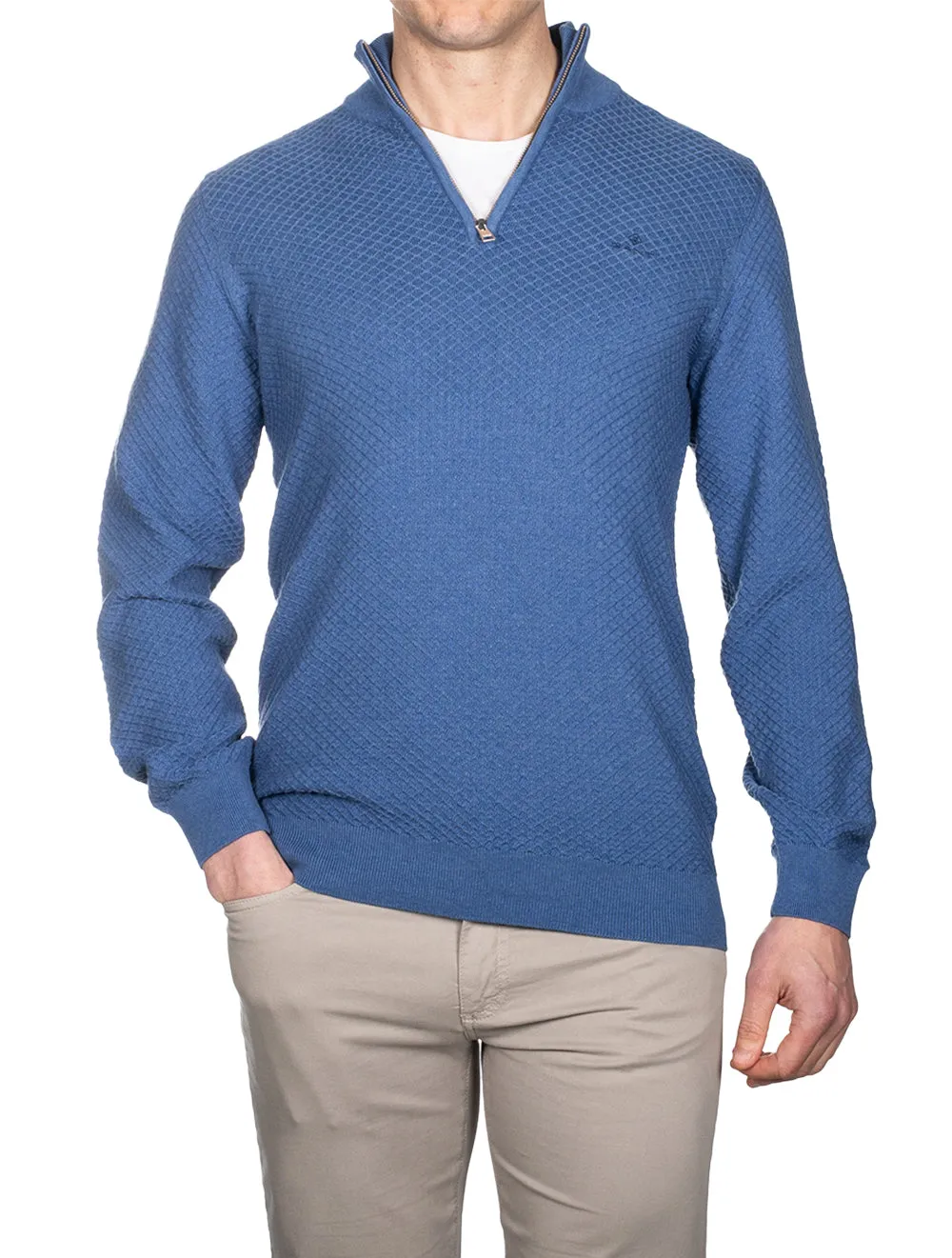 Cotton Texture Half-Zip Sweater Atlantic Blue Melange