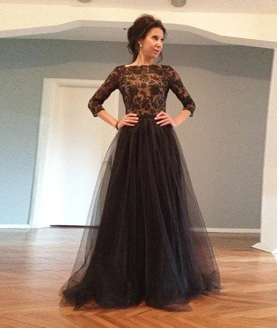 Custom Made Long Sleeves Backless Lace Black Prom Dresses, Lace Black Formal Dresses