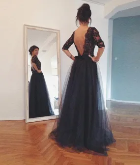 Custom Made Long Sleeves Backless Lace Black Prom Dresses, Lace Black Formal Dresses