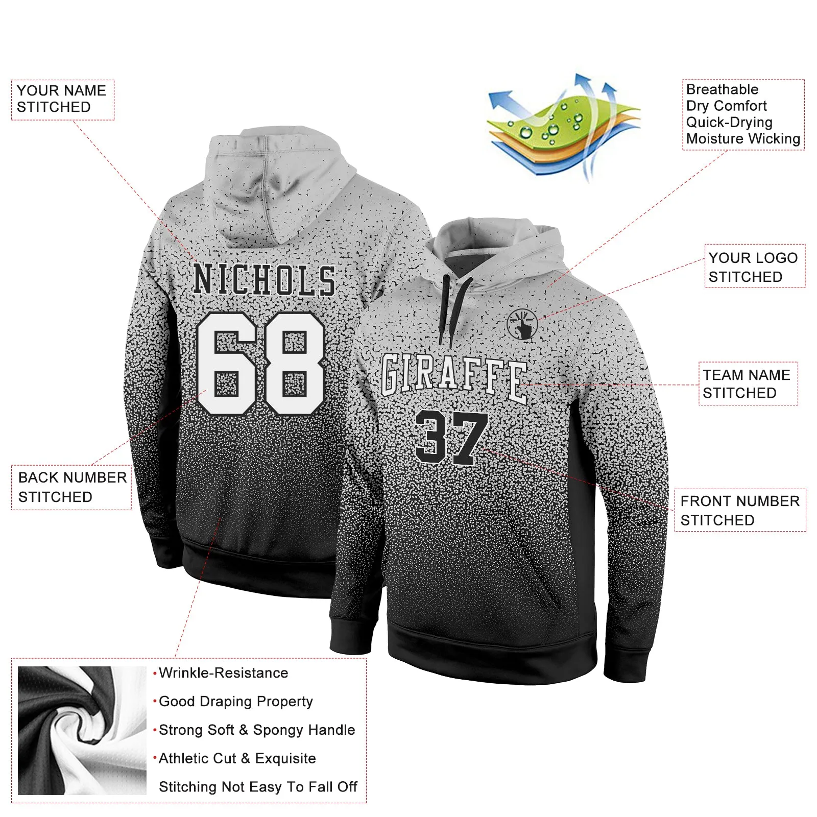 Custom Stitched Gray White-Black Fade Fashion Sports Pullover Sweatshirt Hoodie