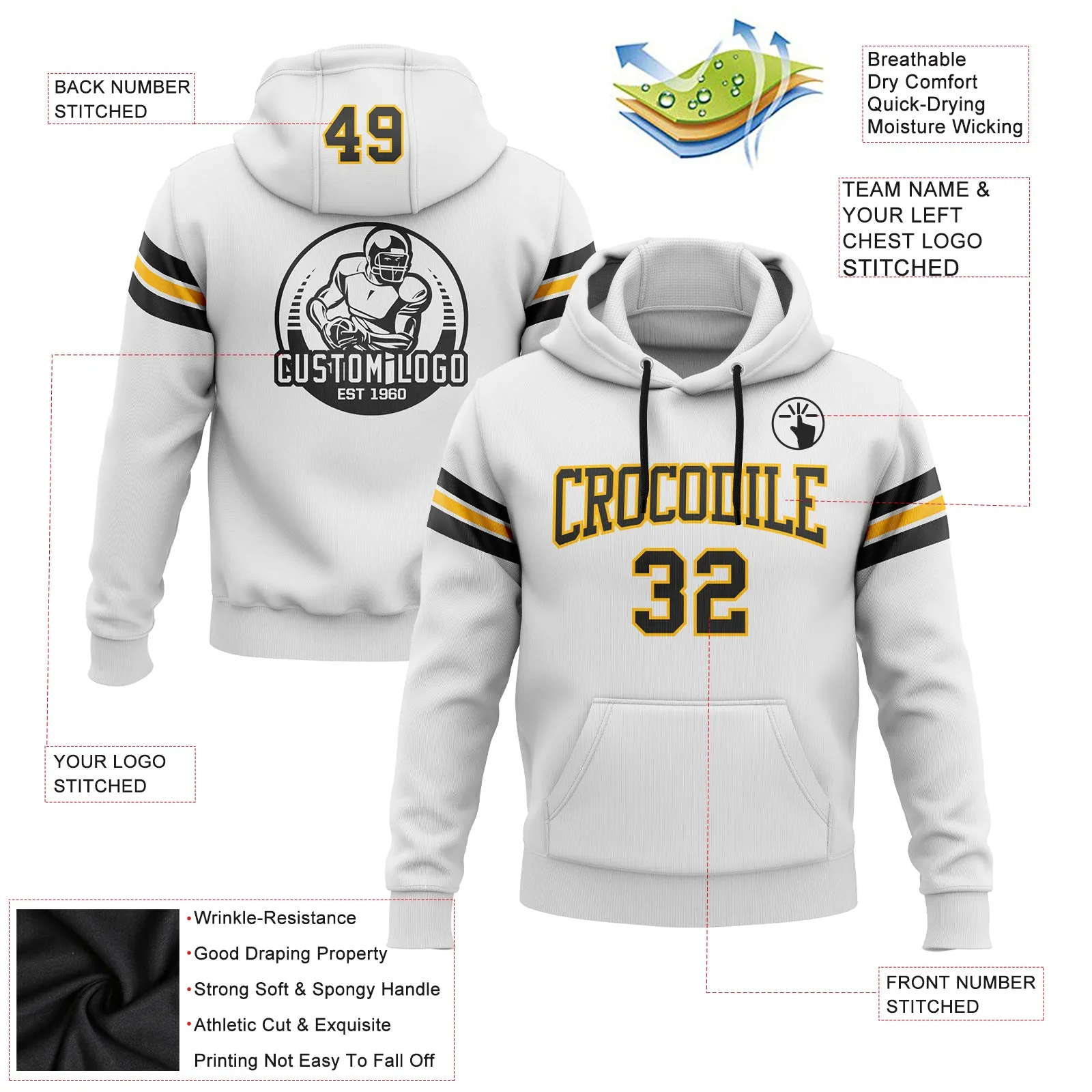 Custom Stitched White Black-Gold Football Pullover Sweatshirt Hoodie