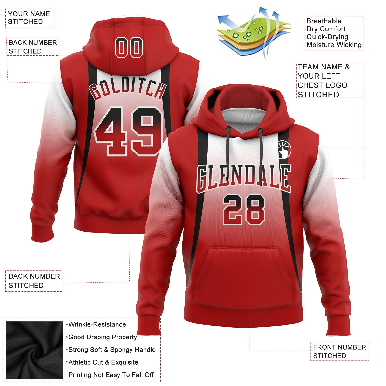 Custom Stitched White Black-Red Fade Fashion Line Sports Pullover Sweatshirt Hoodie