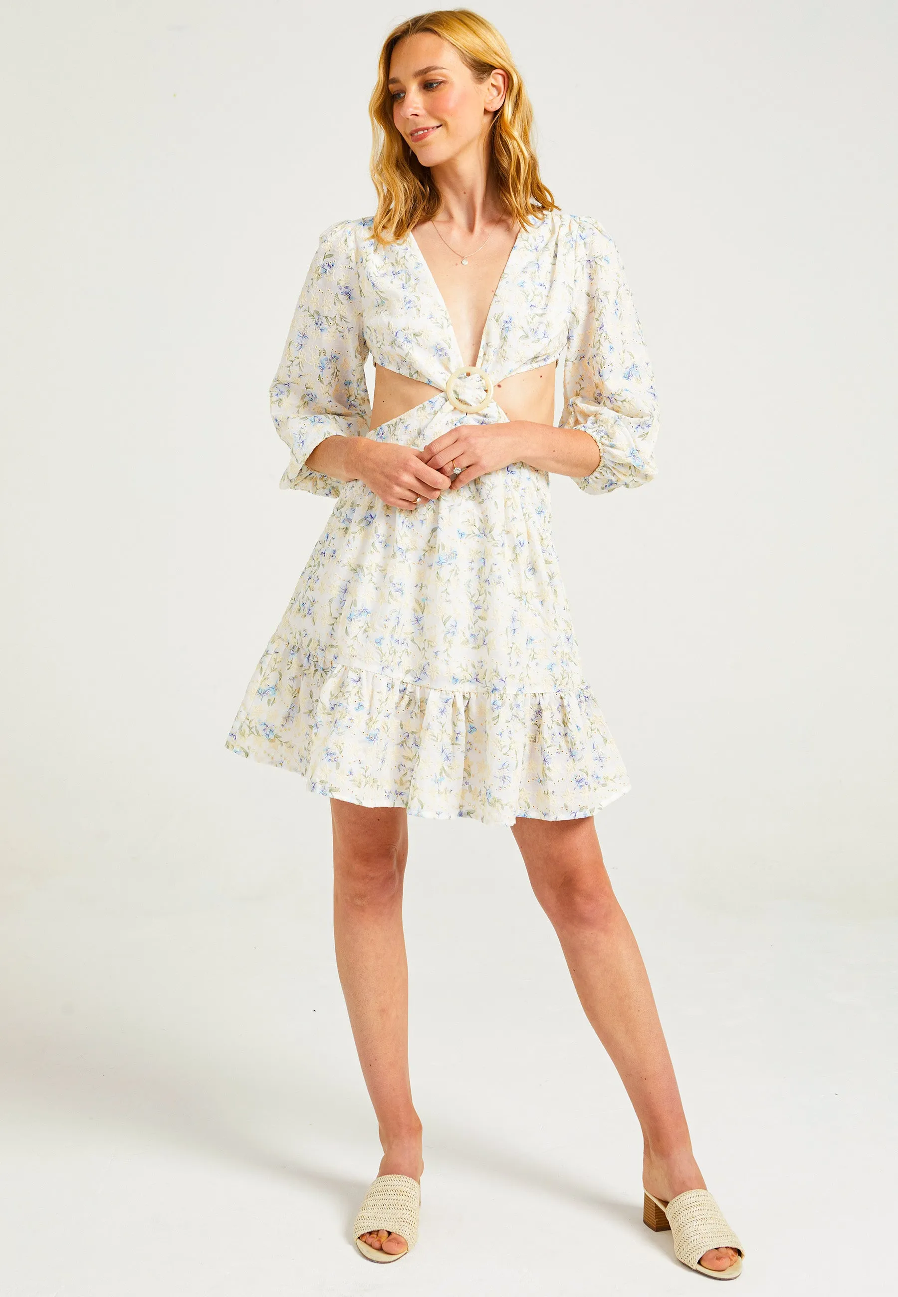 Cut-Out Mini Dress with Buckle in Cream Floral