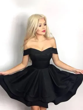 Cute Black Off Shoulder Layered Satin Short Prom Homecoming, Off Shoulder Black Formal, Black Evening