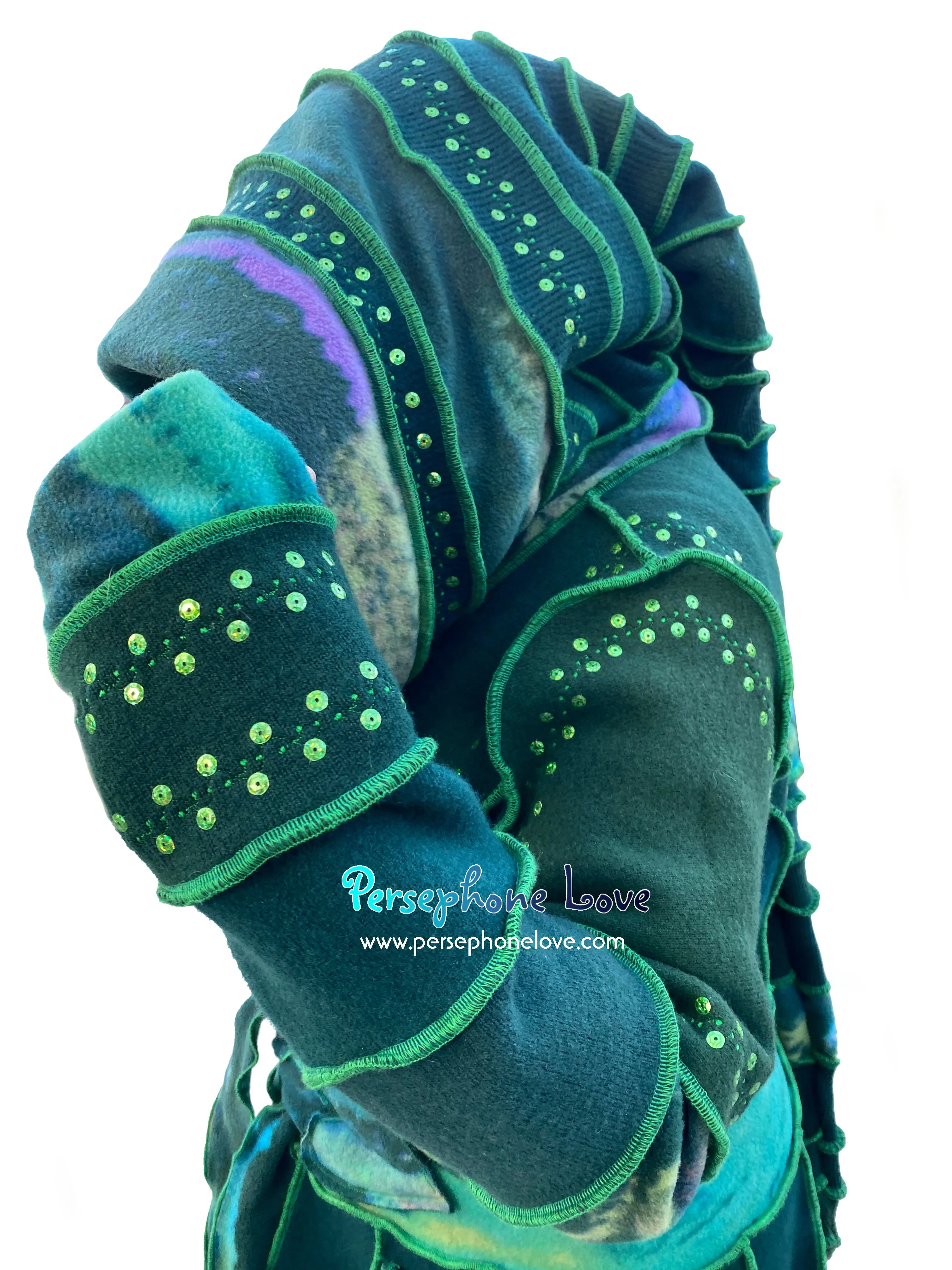 “Dance with the Trees” Green pixie felted cashmere/wool/fleece Katwise-inspired sequin sweatercoat-2570