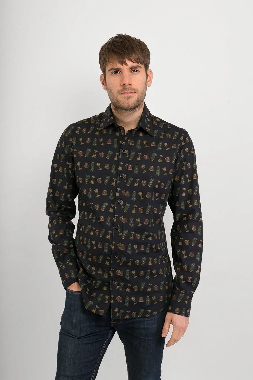 Drinks Cocktails Print Cotton Slim-Fit Mens Long-Sleeve Shirt