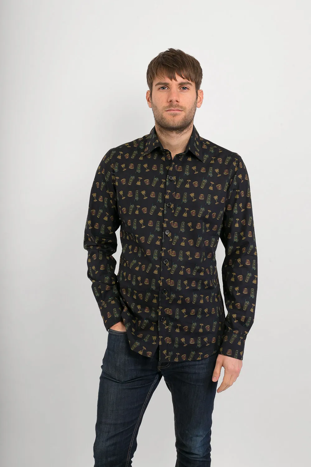 Drinks Cocktails Print Cotton Slim-Fit Mens Long-Sleeve Shirt