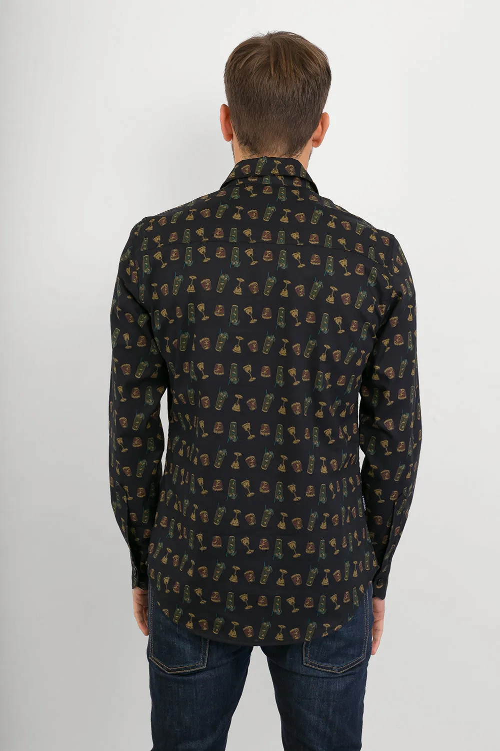 Drinks Cocktails Print Cotton Slim-Fit Mens Long-Sleeve Shirt