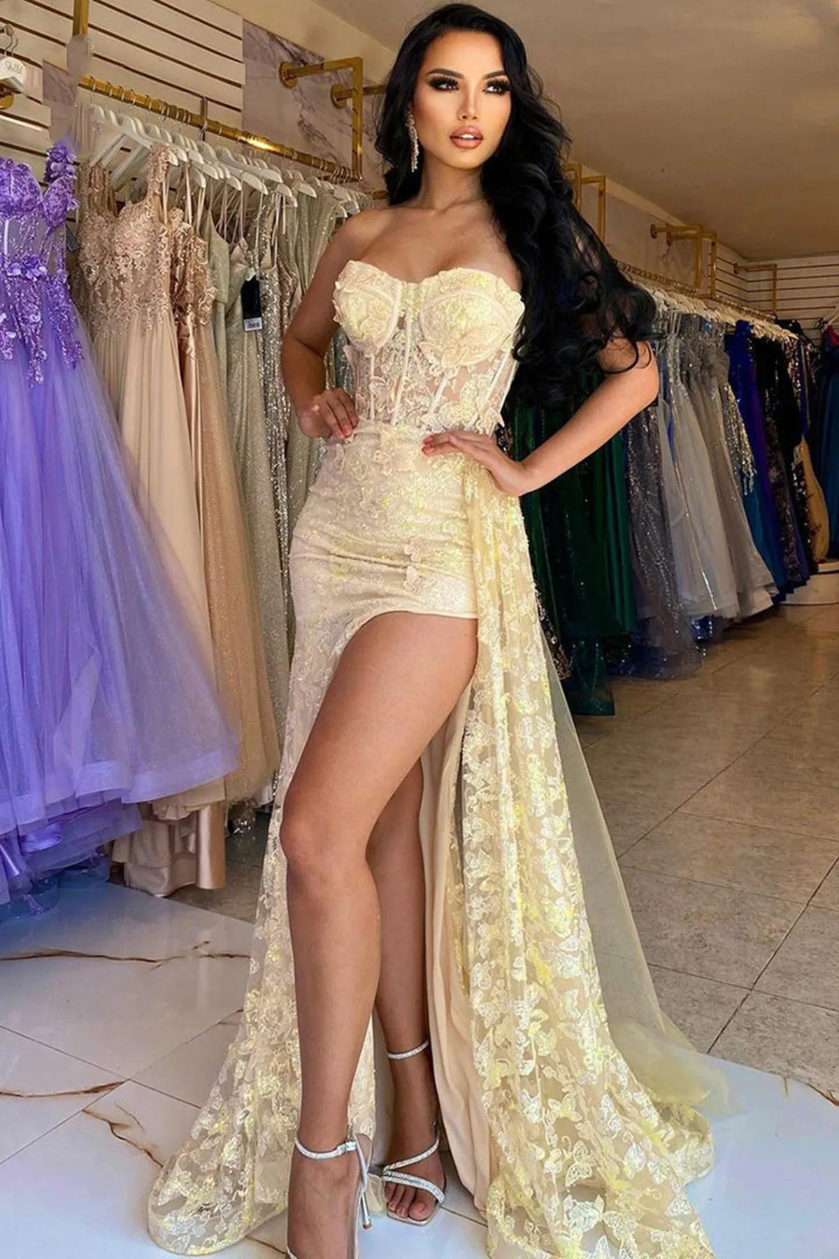 Elegant Strapless Yellow Lace Long Prom Dress with High Slit, Yellow Lace Formal Graduation Evening Dress A1878